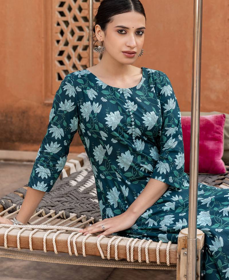 Teal color cotton fabric designer printed stylish long kurti