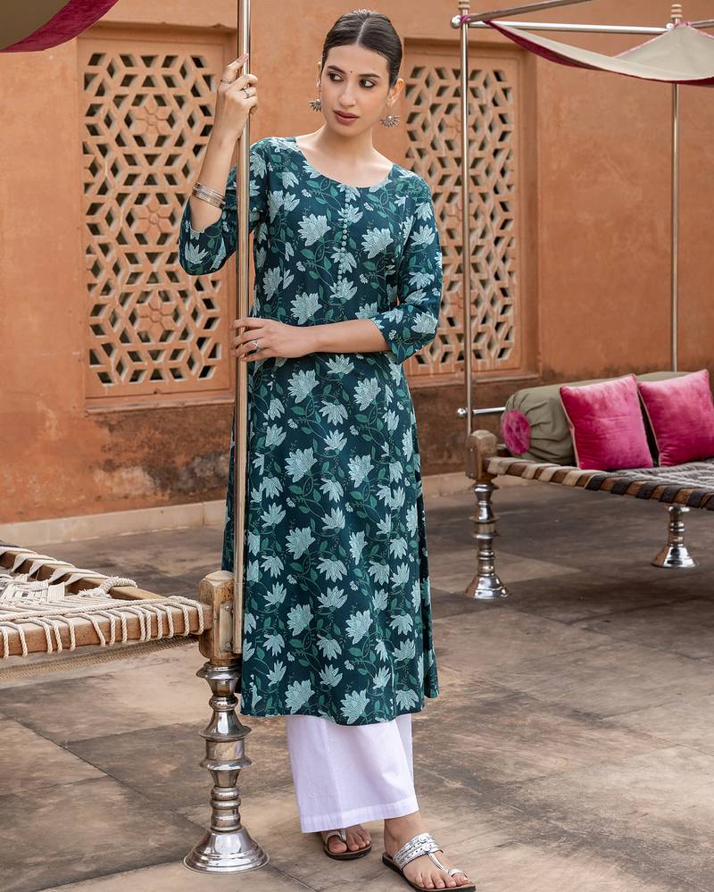 Teal color cotton fabric designer printed stylish long kurti