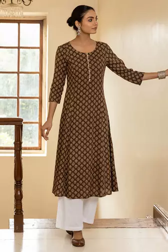 Brown color cotton fabric designer printed stylish long kurti