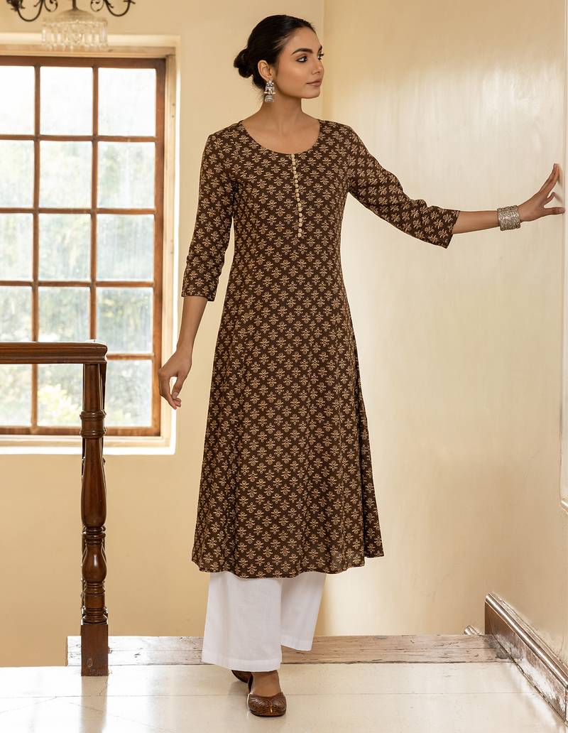 Brown color cotton fabric designer printed stylish long kurti