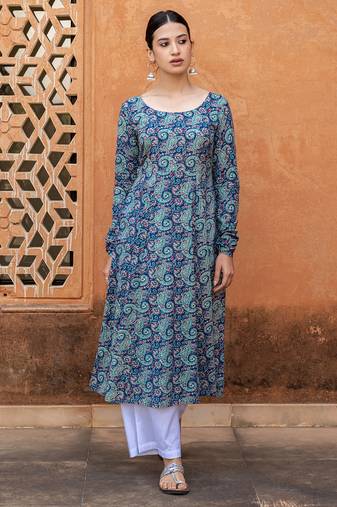 Blue color cotton fabric designer printed stylish long kurti