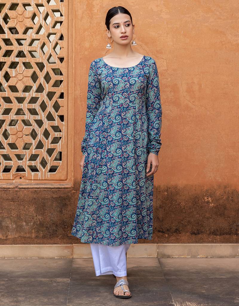 Blue color cotton fabric designer printed stylish long kurti