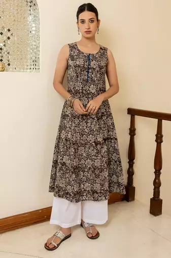 Brown color cotton fabric designer printed stylish long kurti