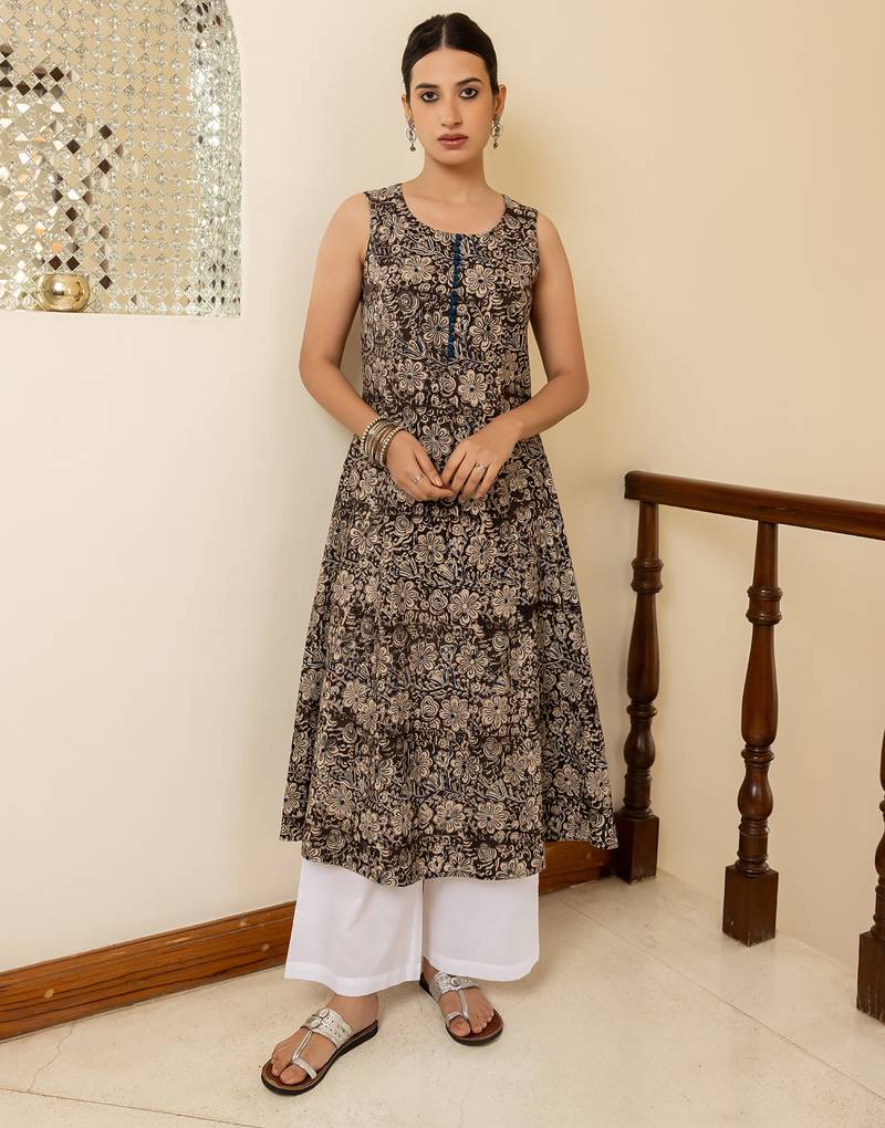 Brown color cotton fabric designer printed stylish long kurti