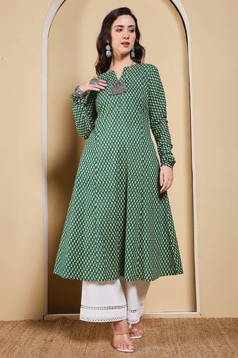 Green color cotton fabric designer printed stylish long kurti