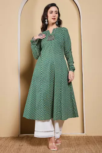 Green color cotton fabric designer printed stylish long kurti