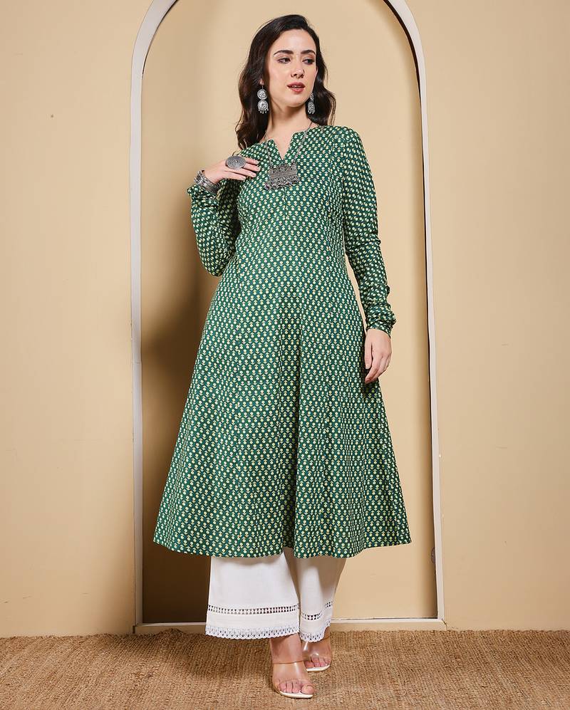 Green color cotton fabric designer printed stylish long kurti