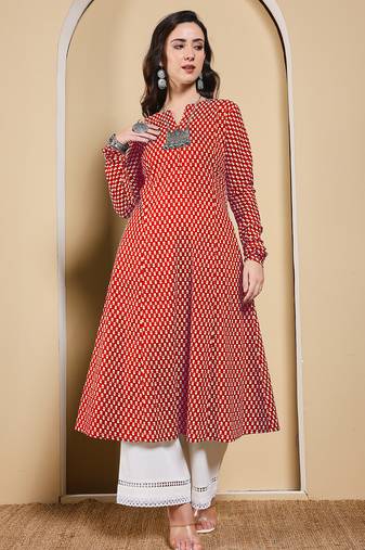 Red color cotton fabric designer printed stylish long kurti