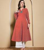 Red color cotton fabric designer printed stylish long kurti