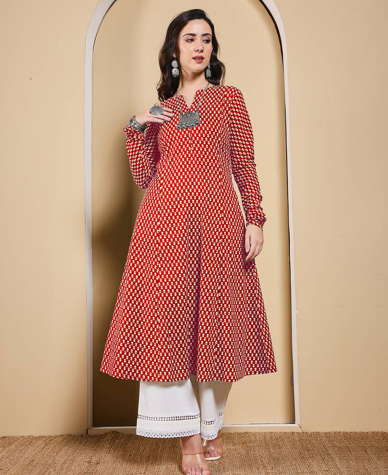 Red color cotton fabric designer printed stylish long kurti