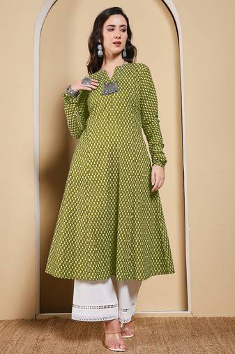 Mahendi color cotton fabric designer printed stylish long kurti