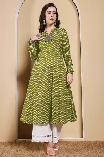 Mahendi color cotton fabric designer printed stylish long kurti