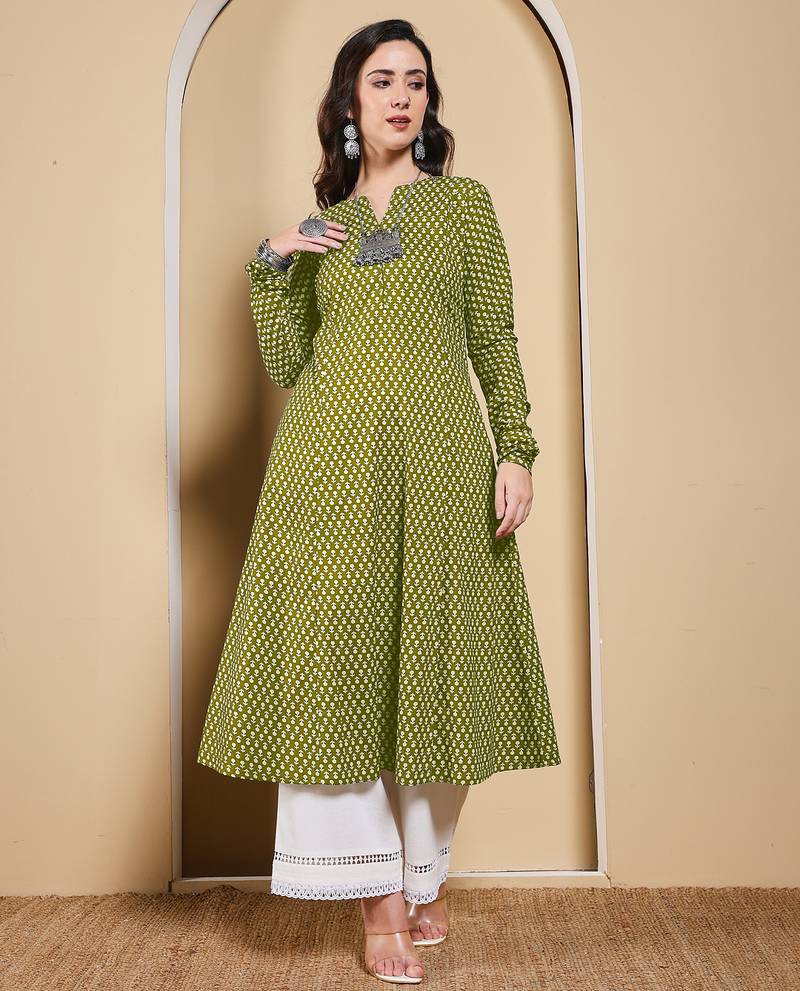 Mahendi color cotton fabric designer printed stylish long kurti