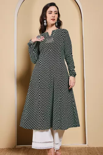 Black color cotton fabric designer printed stylish long kurti
