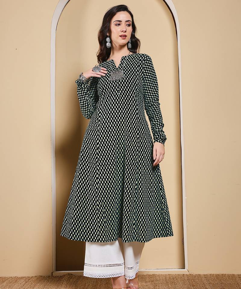 Black color cotton fabric designer printed stylish long kurti