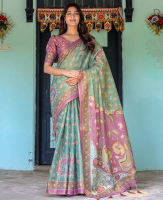 Pastel floral handloom cotton saree with pallu tassels & blouse piece 1