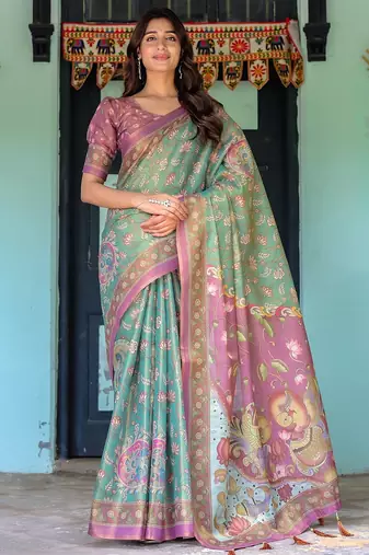 Pastel floral handloom cotton saree with pallu tassels & blouse piece