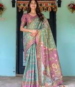 Pastel floral handloom cotton saree with pallu tassels & blouse piece