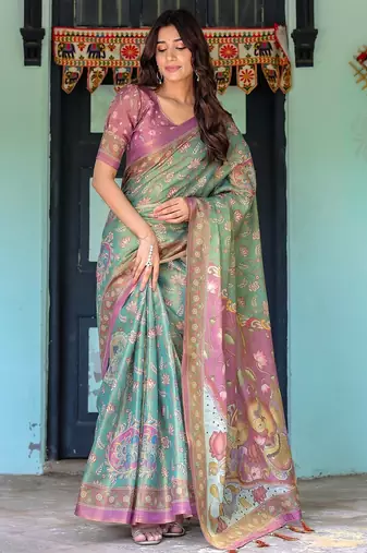 Pastel floral handloom cotton saree with pallu tassels & blouse piece