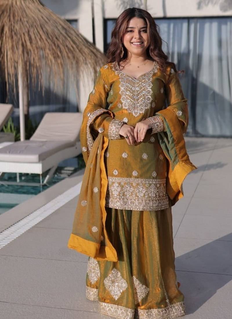 Mehendi zari & sequins embroidered work stitched top sharara with dupatta set for women