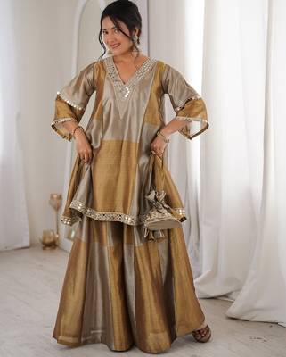 Brown embroidered & mirror lace work stitched kurta, bottom with batwa 1