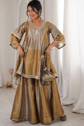 Brown embroidered & mirror lace work stitched kurta, bottom with batwa