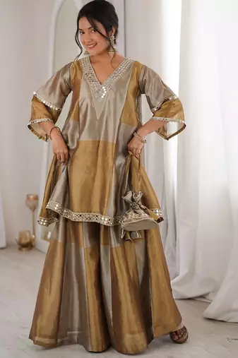 Brown embroidered & mirror lace work stitched kurta, bottom with batwa