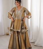 Brown embroidered & mirror lace work stitched kurta, bottom with batwa