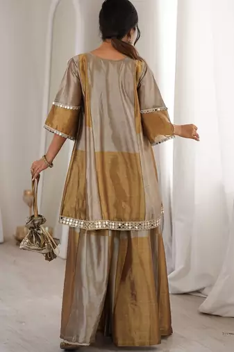 Brown embroidered & mirror lace work stitched kurta, bottom with batwa