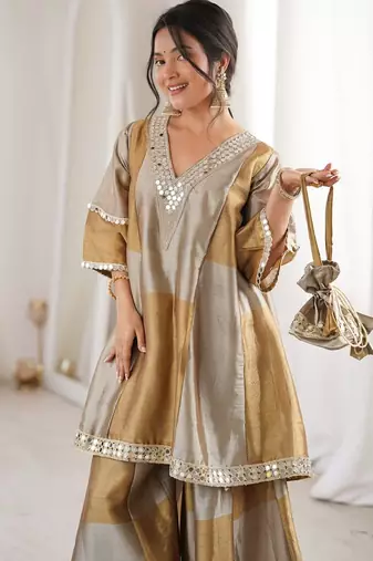Brown embroidered & mirror lace work stitched kurta, bottom with batwa