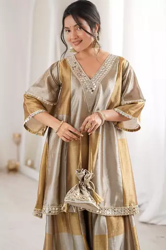 Brown embroidered & mirror lace work stitched kurta, bottom with batwa