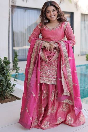 Peach zari & sequins embroidered work stitched kurta sharara with dupatta set for women