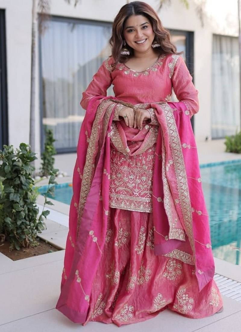 Peach zari & sequins embroidered work stitched kurta sharara with dupatta set for women