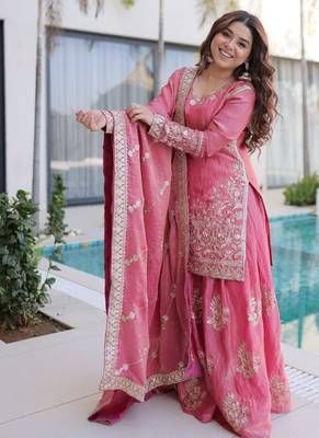 Peach zari & sequins embroidered work stitched kurta sharara with dupatta set for women 2
