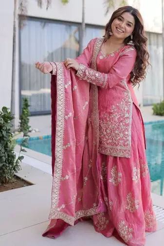 Peach zari & sequins embroidered work stitched kurta sharara with dupatta set for women