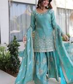 Sky blue zari & sequins embroidered work stitched kurta sharara with dupatta set for women