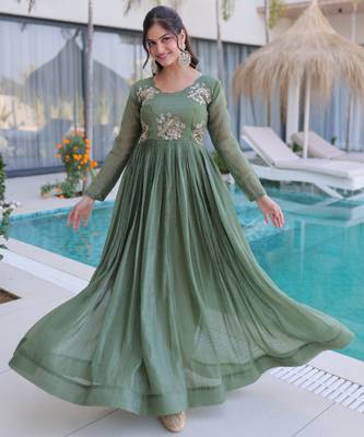 Green color beautiful ceremonial gown for stylish looks 5