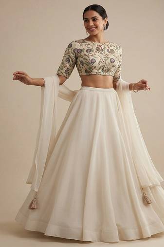 Ivory Printed Crepe Lehenga Set