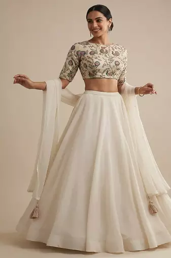 Ivory Printed Crepe Lehenga Set