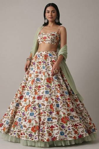Ivory Floral Printed Crepe Lehenga Set