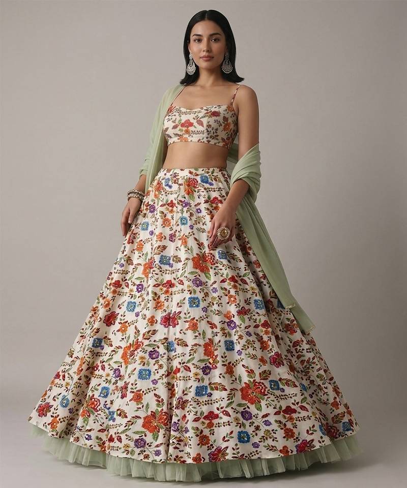 Ivory Floral Printed Crepe Lehenga Set