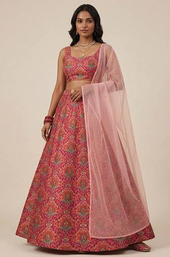 Pink Embroidered Crepe Lehenga Set