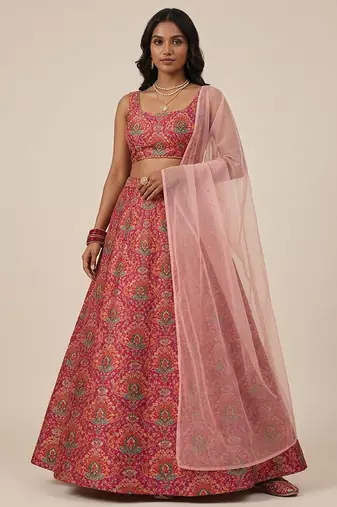 Pink Embroidered Crepe Lehenga Set