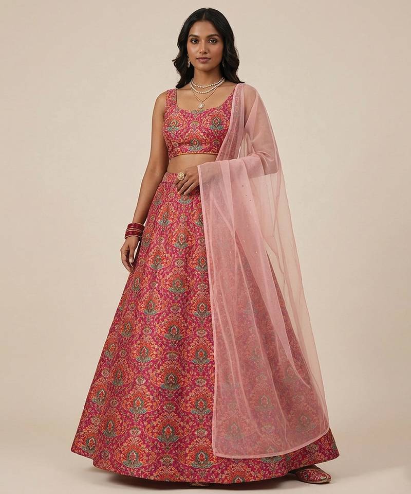Pink Embroidered Crepe Lehenga Set