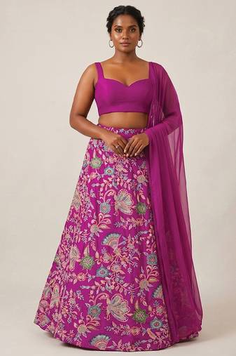 Magenta Pink Printed Crepe Lehenga Set