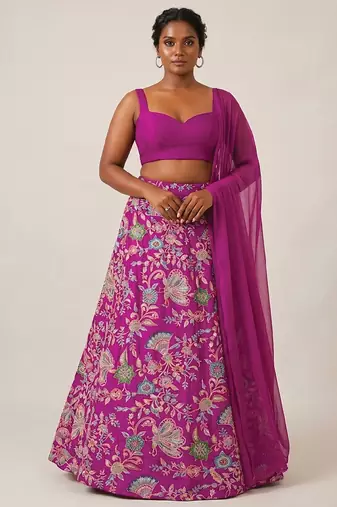 Magenta Pink Printed Crepe Lehenga Set