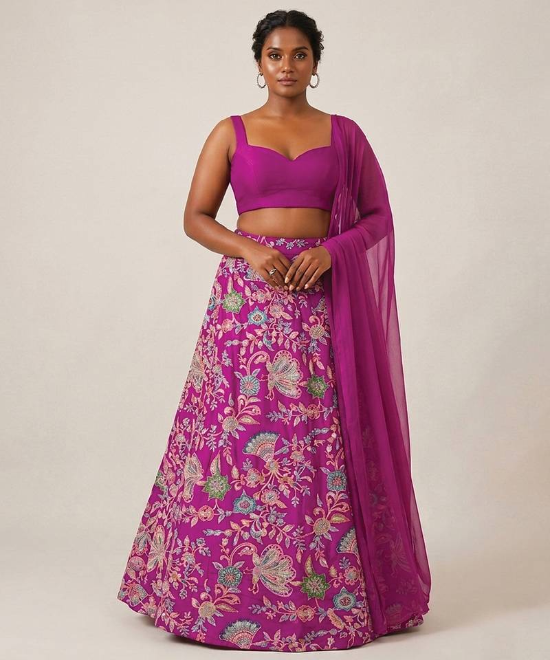 Magenta Pink Printed Crepe Lehenga Set