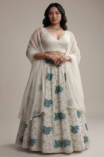 Off White Embroidered Tissue Lehenga Set