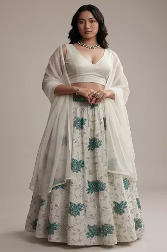 Off White Embroidered Tissue Lehenga Set