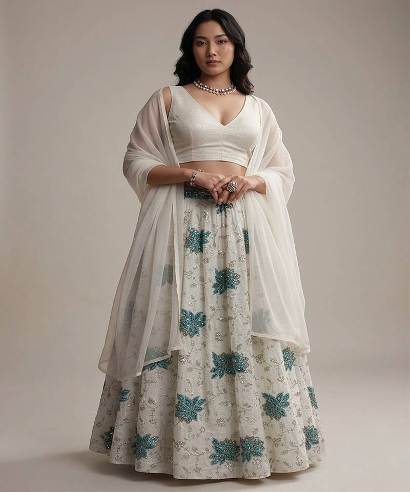 Off White Embroidered Tissue Lehenga Set